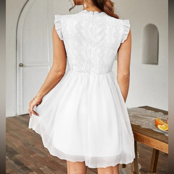 Boho white lace insert mesh ruffle hem mini dress